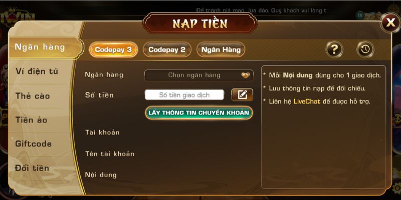 Nạp tiền Iwin qua chuyển khoản ngân hàng